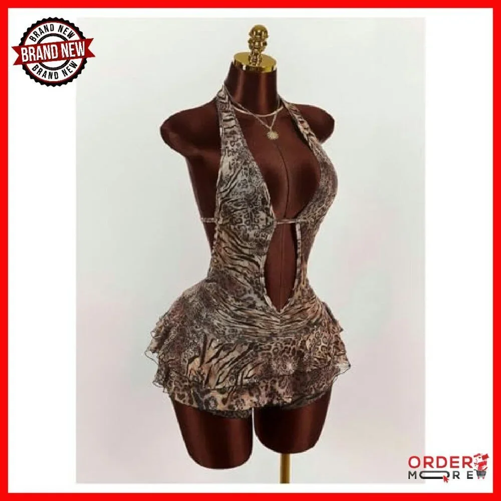 Y2K Leopard Print Halter Romper Backless Sleeveless Ruffle One Piece